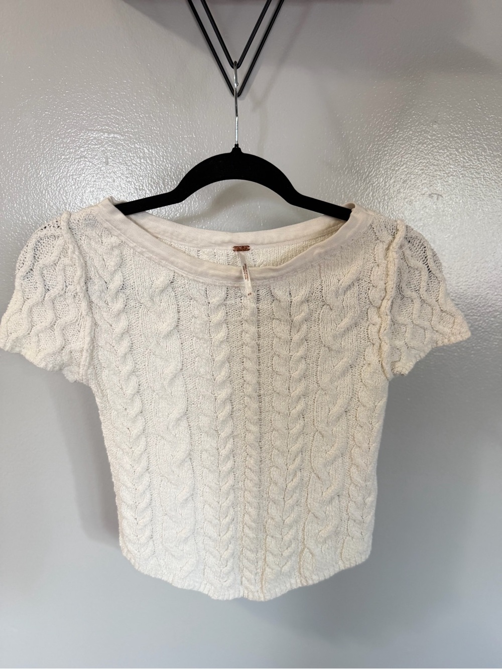 Free People Cream Cable Knit Short Sleeve Top